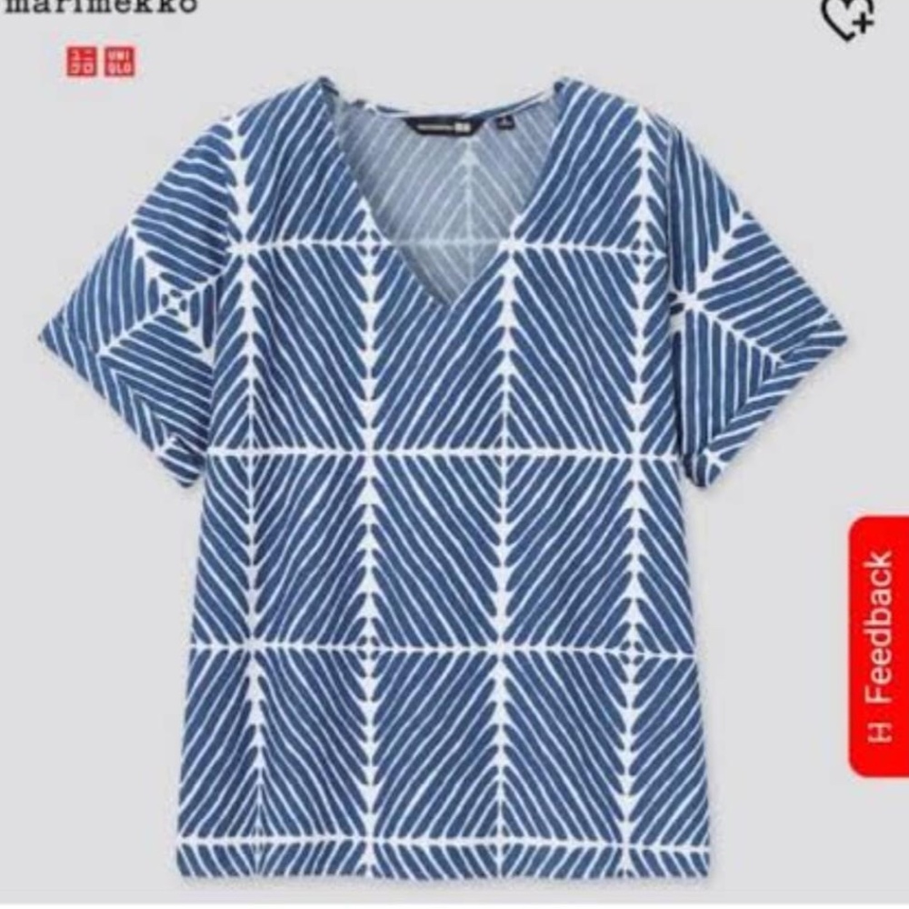 Marimekko and Uniqlo dark blue and white denim V-neck short sleeve blouse NWT